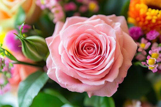 Close-up of a pink rose in a vibrant floral arrangement. (1)
