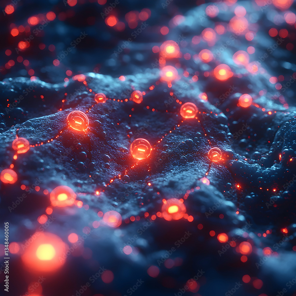 Aufkleber glowing red orbs interconnected by luminous threads on a dark textured surface. ideal for sci-fi, te