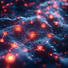 Glowing red orbs interconnected by luminous threads on a dark textured surface. Ideal for sci-fi, technology, or abstract backgrounds and wallpapers.