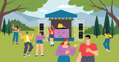 Open air party. DJ puts on music on stage in park, dancing, having fun people, electronic festival, outdoor discotheque, vector illustration