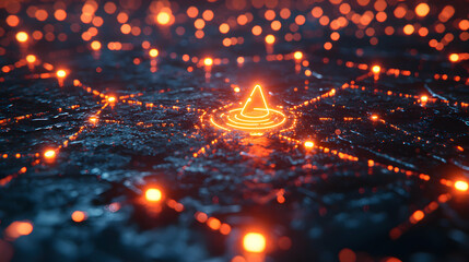 A glowing orange cone emits light onto a dark textured surface. Orange lights glow along connected lines on the surface. Good for tech or abstract backgrounds.