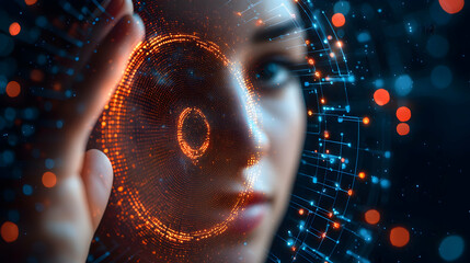 A woman's face is overlaid with a swirling pattern of orange and blue lights. Suggests facial recognition technology or biometric security.