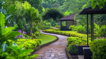 Serene Villa Garden Path  Lush Greenery  Winding Walkway  Tropical Plants