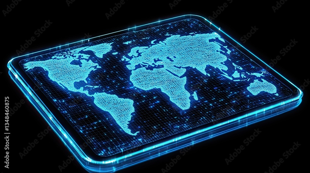 Poster a modern digital tablet display featuring an abstract world map and connectivity, symbolizing global