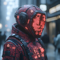 A futuristic cyborg with a red LED-lit helmet and armor stands in a blurred cityscape. This image could be used for a sci-fi movie poster or game cover art.