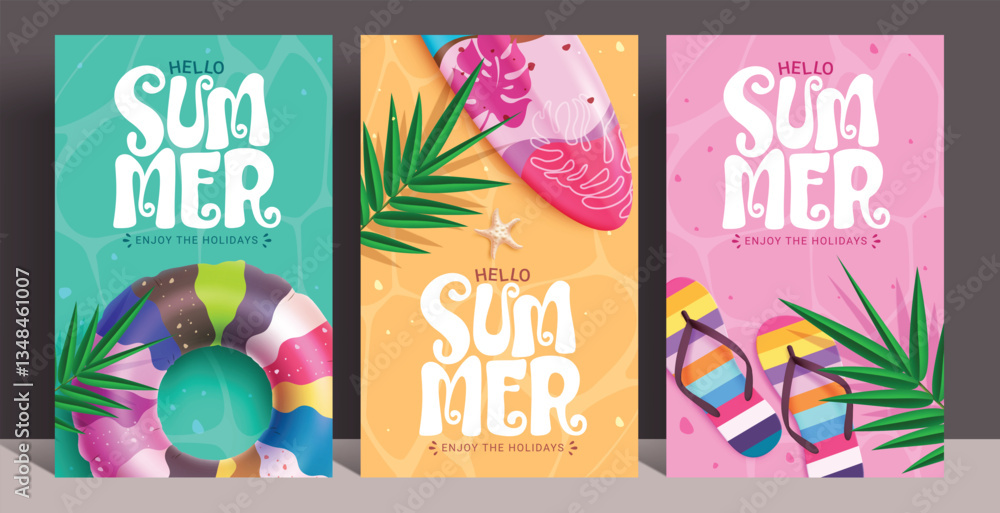 Poster hello summer abstract background clipart poster set. hello summer greeting text in colorful tropical