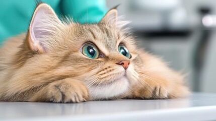 Fototapeta premium Attentive Siberian Cat Undergoing Veterinary Checkup - Close-Up of Adorable Feline Observing with Striking Blue-Green Eyes