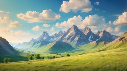 Fototapeta premium A picturesque landscape featuring a lush green hillside bathed in warm sunlight,