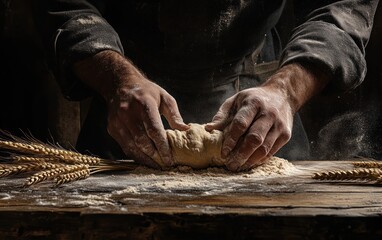 Baker's Hands Kneading Dough on a Rustic Wooden Table with Wheat Stalks