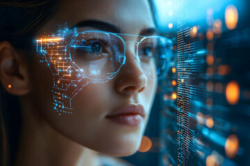 A woman wearing glasses interacts with a digital interface.  This image evokes themes of futuristic technology, augmented reality, and data analysis. It's suitable for websites or articles related to 
