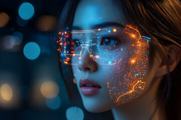 A woman's face is illuminated by a futuristic heads-up display. Cybersecurity and facial recognition applications are suggested.