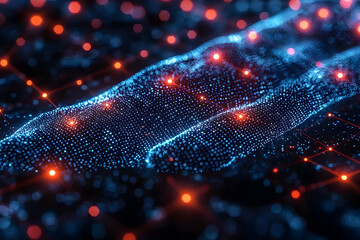 Abstract blue digital landscape with flowing particles and orange glowing spots. Ideal for technology or sci-fi backgrounds and visualizations.