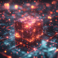 A glowing cube hovers above a grid, radiating energy and technological prowess. Ideal for visualizing data processing, AI, or futuristic concepts.