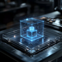 A glowing blue holographic cube encases a smaller cube on a futuristic platform. This visual represents secure data storage and advanced technology applications.