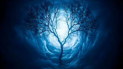 Mystical Tree At Night Under Glowing Clouds