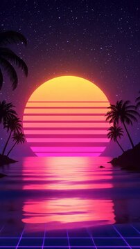 Pink Purple Retro Sunset Over Ocean With Palm Trees