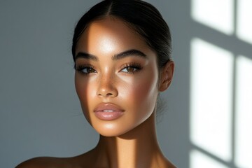 Beautiful woman face in studio light highlighting flawless skin