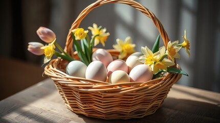 Fototapeta premium cinematic photograph of an Easter basket. Light brown wicker, pastel-colored eggs, tulips, daffodils