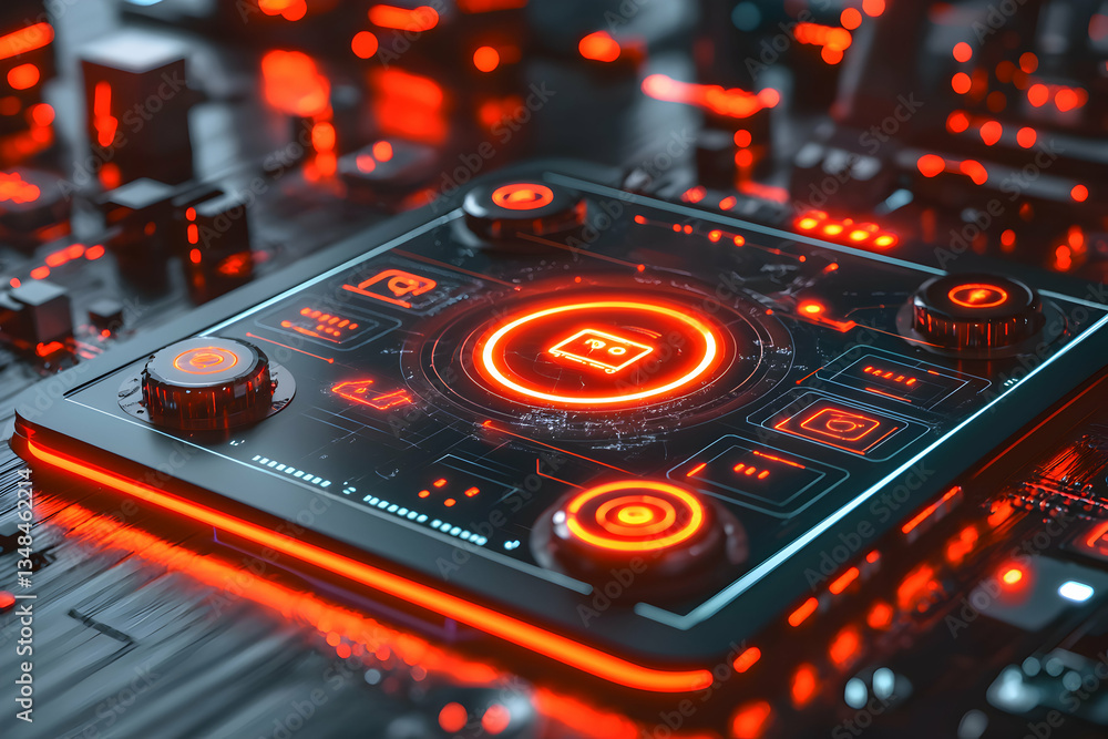 Aufkleber futuristic interface with glowing red highlights and controls displaying a vault icon. ideal for cyb