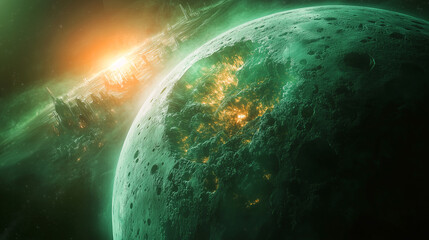 Futuristic Alien Planet Cityscape Green Moon Space Station and Starburst