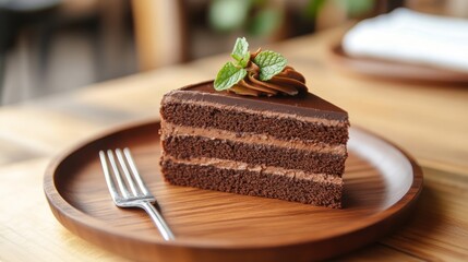 Delicious slice of chocolate layer cake with mint on a wooden plate
