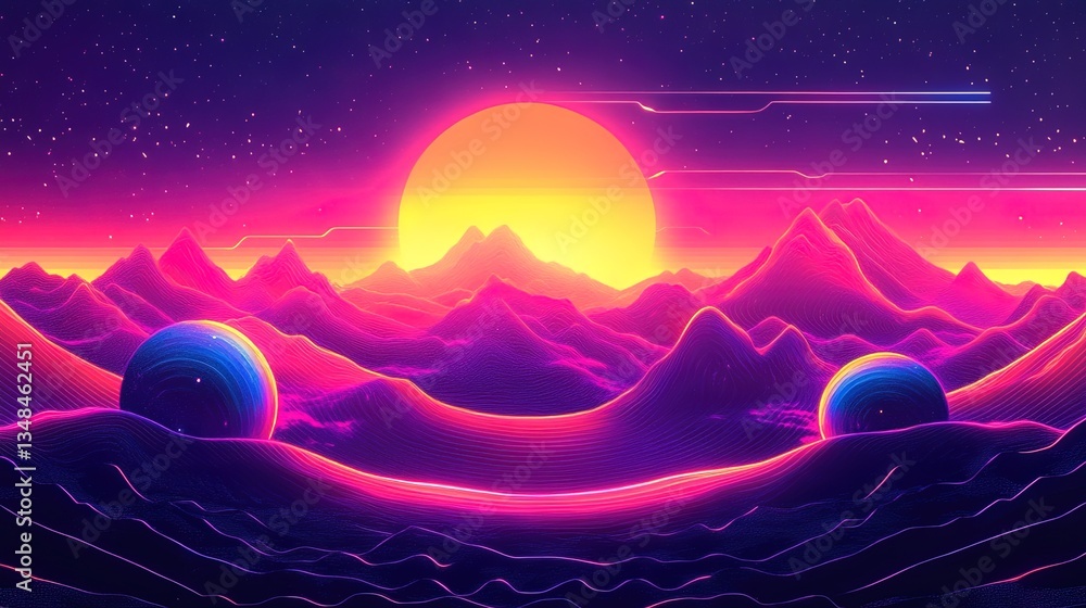 Poster retro wave pattern in neon colors, 80s synthwave style