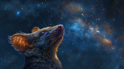 Digital painting of Northern Brushtail Possum gazing up Milky Way rendered semi realistic style celestial lighting effects possums fur glows under faint starlight creating a magical dreamy atmosphere