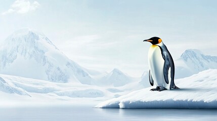 Naklejka premium Lone Penguin Standing on Ice Floe in Antarctica Scenic Landscape