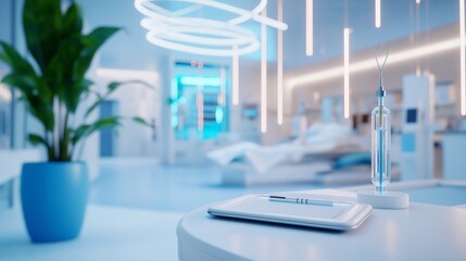 futuristic medical clinics patient care with advanced IV drip therapy, AI-driven diagnostics, and personalized treatment