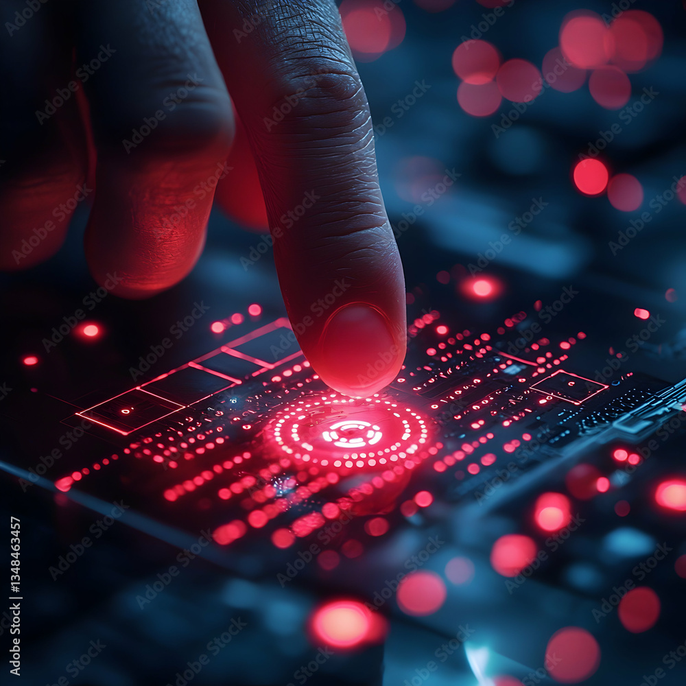 Aufkleber a finger interacts with a futuristic glowing red interface. this image could be used for technology 