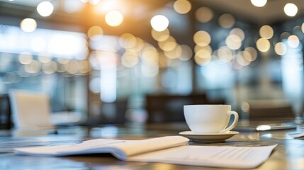 Termination letter on office desk with coffee cup, symbolizing job loss, unemployment, and layoffs in corporate work environment with blurred office background and shallow depth of field