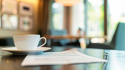 Termination letter on office desk with coffee cup, symbolizing job loss, unemployment, and layoffs in corporate work environment with blurred office background and shallow depth of field