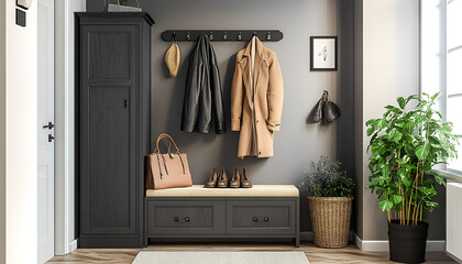 Coat rack, cabinet and shoe storage bench in hallway. Interior design