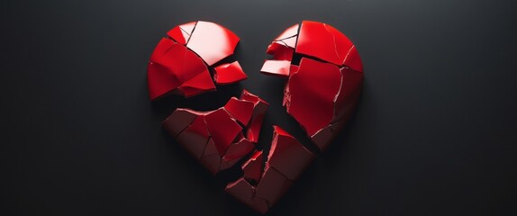 Shattered red heart on dark background with room for text