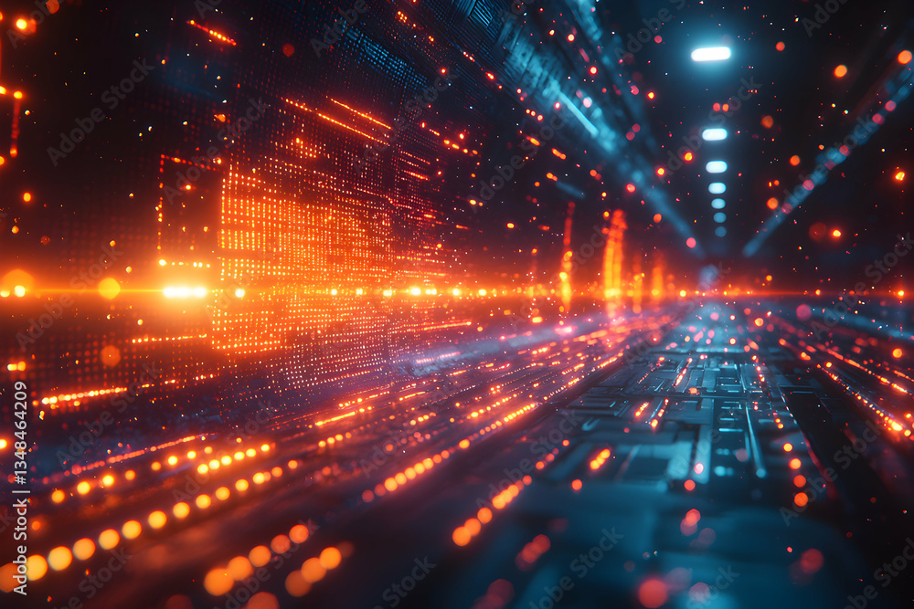 Poster abstract digital tunnel with glowing lights and particles. perfect for technology backgrounds, websi