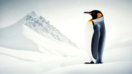 Fototapeta premium Emperor Penguin Standing in Antarctic Landscape with Snowy Mountain Background