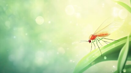 Illustration of Insect Resting on Green Leaf with Dreamy Bokeh Background