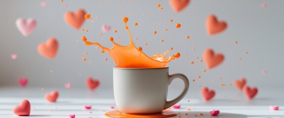 Orange Liquid Splash in Mug with Hearts for Valentine's Day
