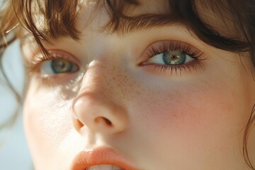 Fototapeta premium Close up shot shows a girl with blue green eyes
