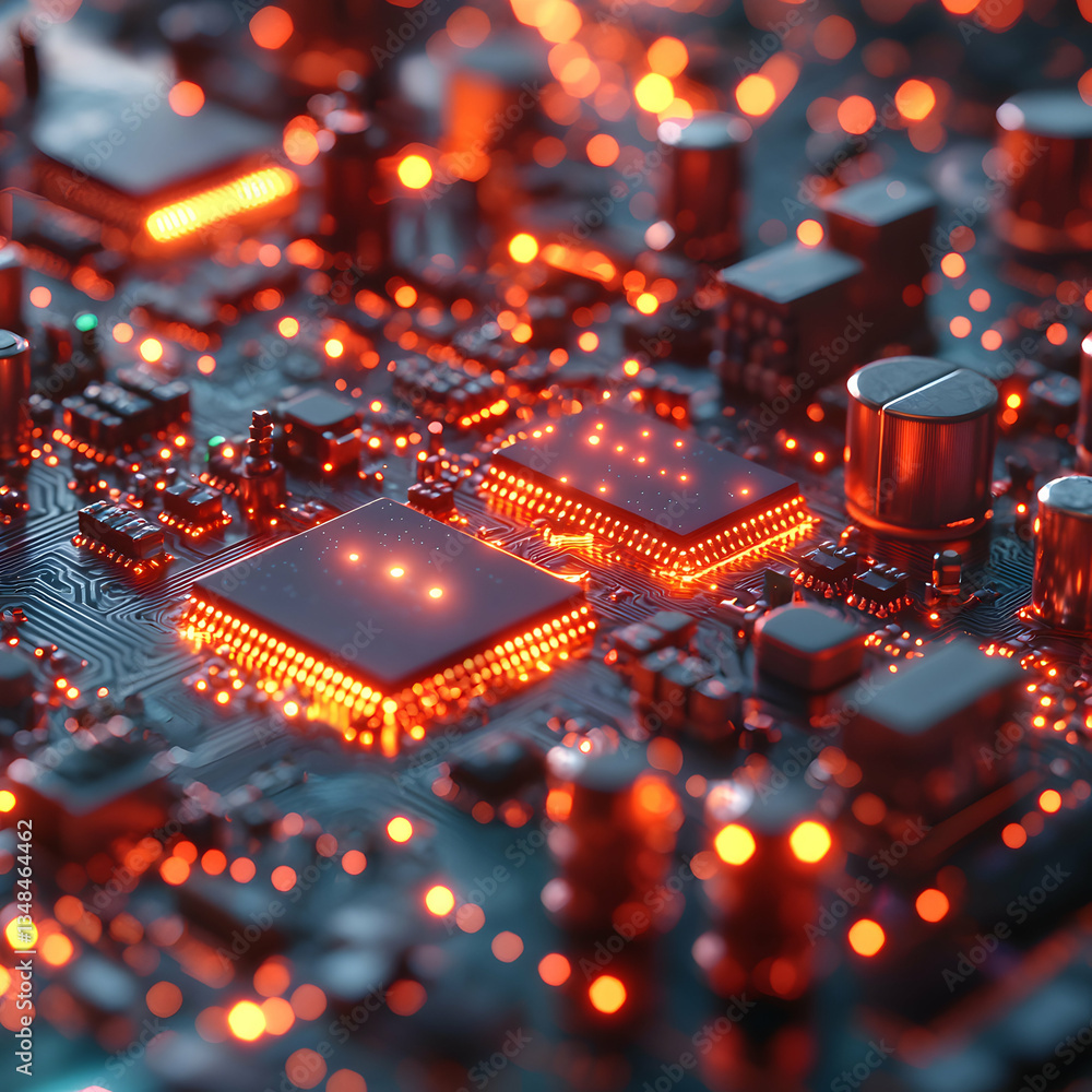 Aufkleber close-up of a futuristic circuit board with glowing components. ideal for technology backgrounds web