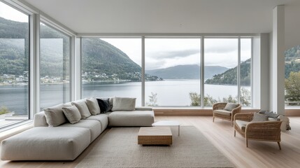 Fototapeta premium Living room with view of a fjord in Norway