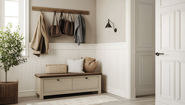 Coat rack, cabinet and shoe storage bench in hallway. Interior design