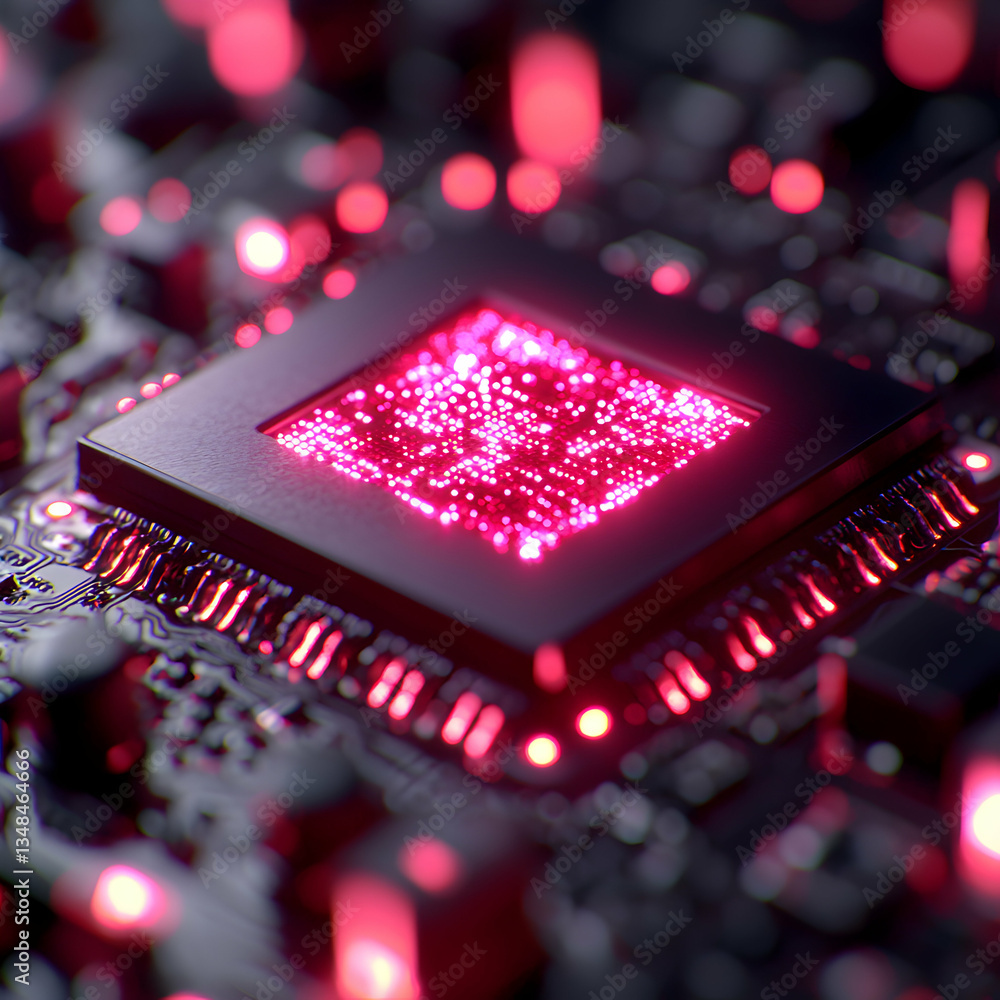 Poster a close-up of a computer chip glowing with pink light. ideal for technology blogs websites or presen