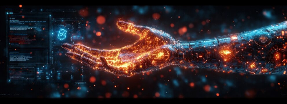 AI Automation and Business IoT Connection Future Technology Holographic Robot and Cyberpunk Innovation