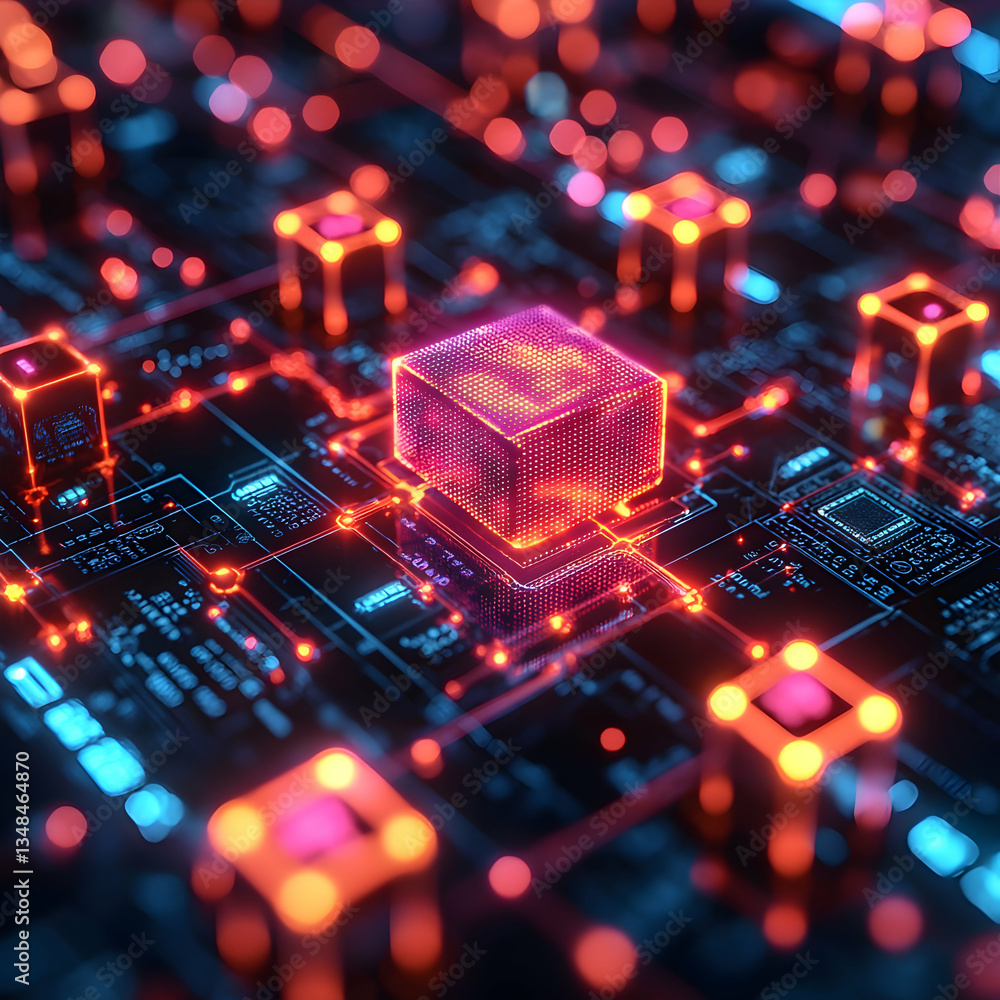 Aufkleber a futuristic microchip glows with vibrant colors, showcasing advanced technology. ideal for visualiz