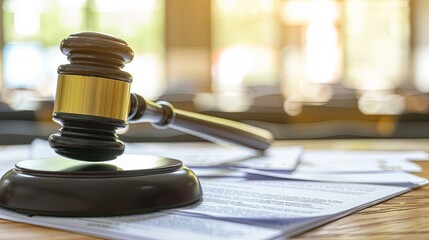 Close-up of wooden gavel on legal documents in courtroom setting, representing intellectual property dispute