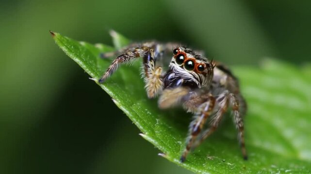 A spider rests delicately on a leaf, its intricate web glistening with morning dew.