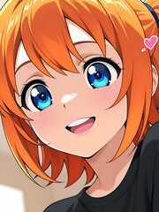 Joyful Anime Girl with Orange Hair and Blue Eyes, Love Expression.