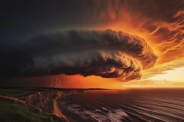 A storm cloud over a beach with a large storm cloud in the sky.