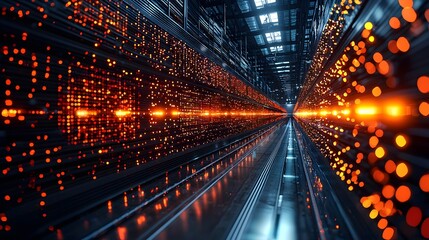 Futuristic warehouse with glowing data displays and logistics analytics